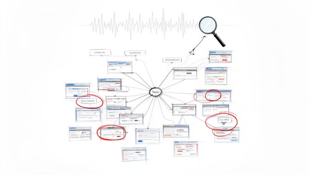 A diagram showing a central 'Browser' connected to many website page windows with red highlights, analyzed by a magnifying glass.
