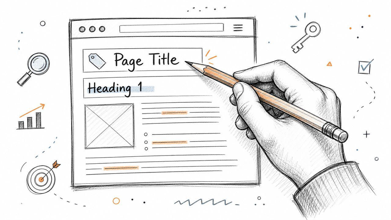A hand holding a pencil sketching out a website layout with SEO elements and page structure.