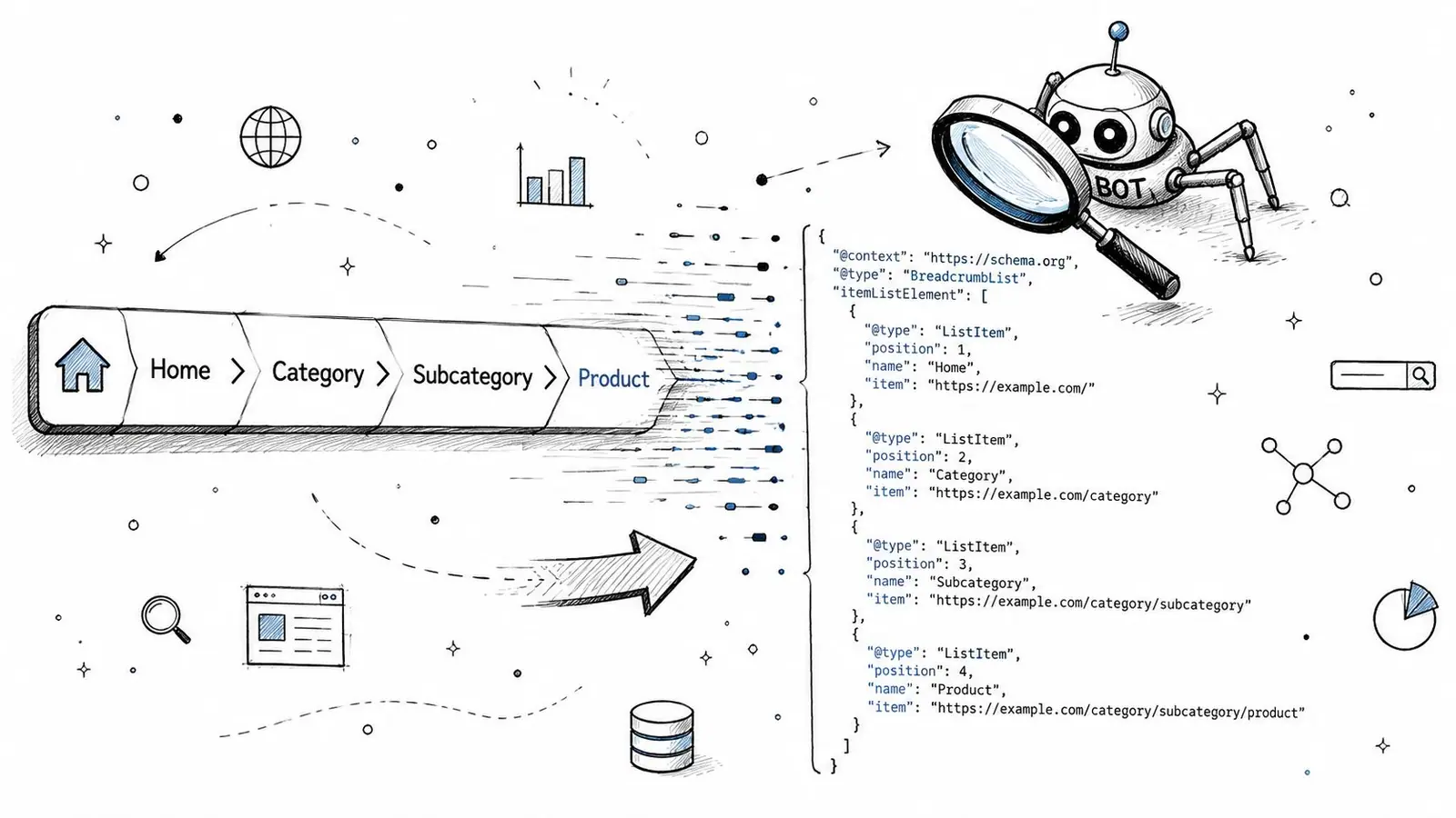 A hand-drawn illustration showing a breadcrumb navigation menu being processed by a search engine spider bot.