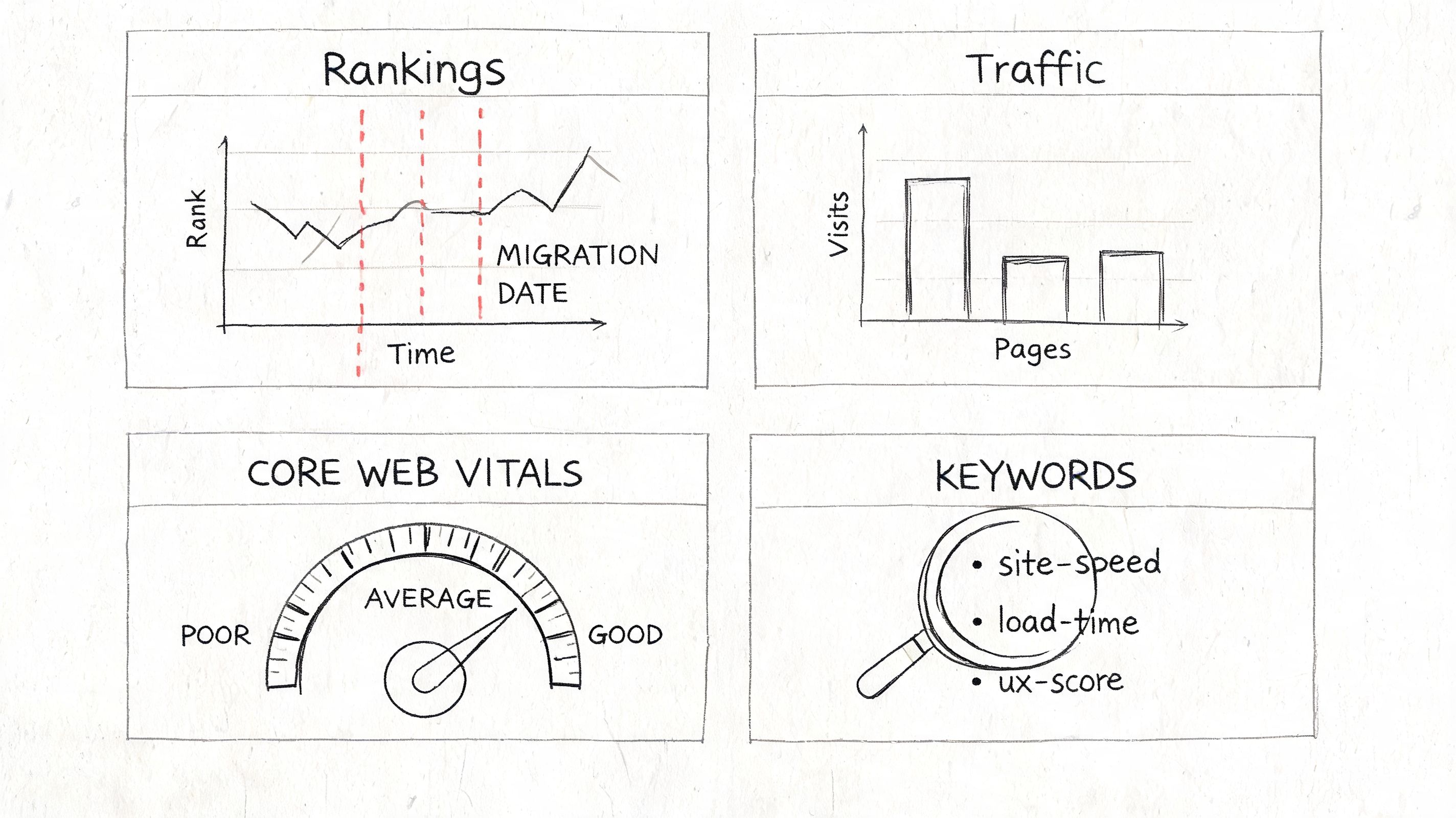 A hand-drawn sketch dashboard showing SEO performance metrics including rankings, website traffic, Core Web Vitals, and keyword analysis.