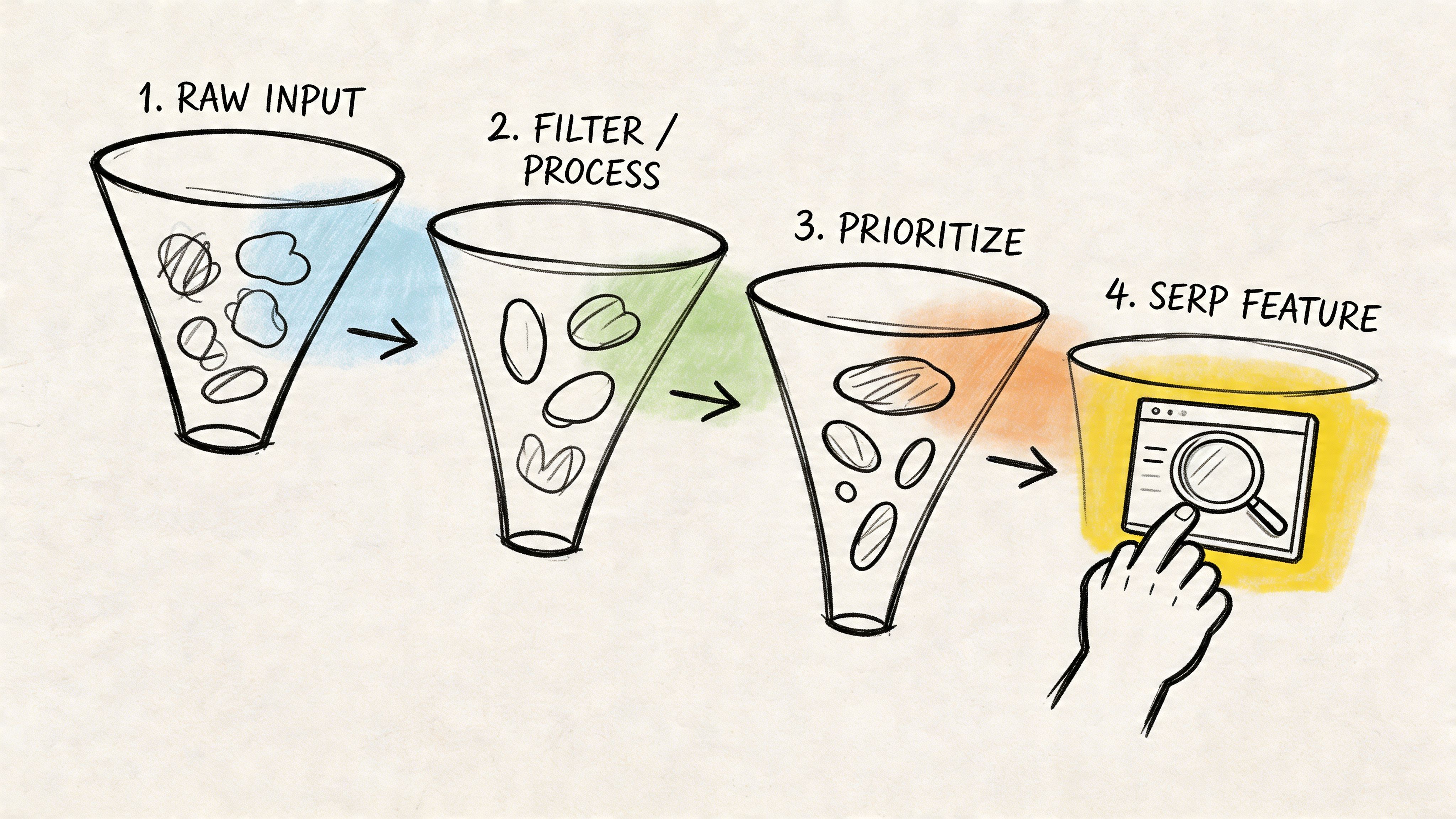 A diagram illustrating a four-step process for converting raw input into search engine results page features.