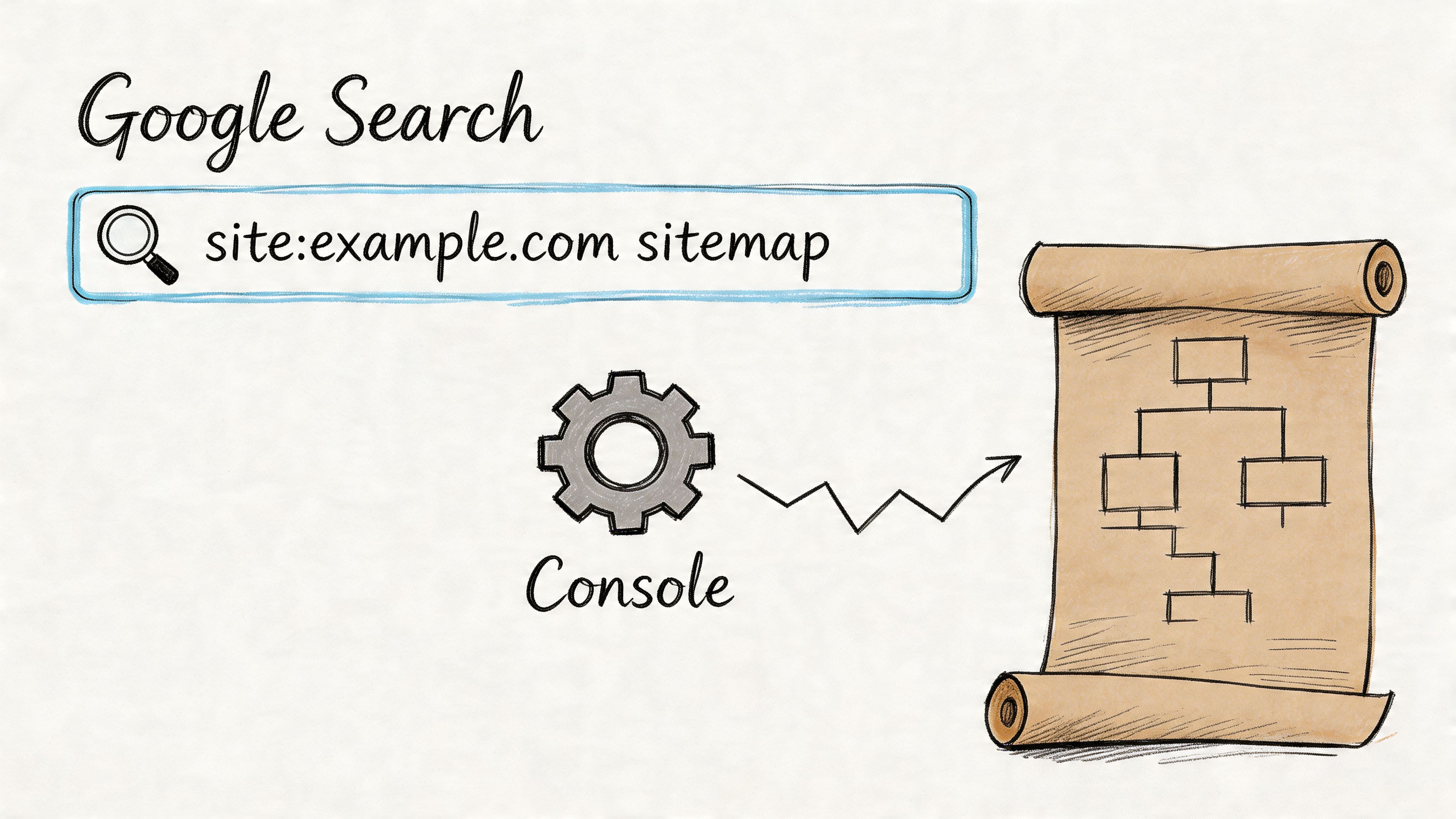 A hand-drawn illustration showing a Google search bar, a settings gear icon, and a sitemap scroll document.