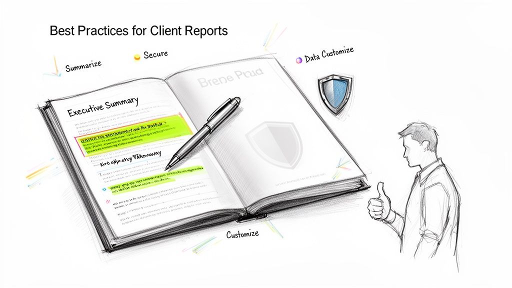 Hand-drawn illustration highlighting best practices for client reports, featuring an open book, shield, and thumbs-up.