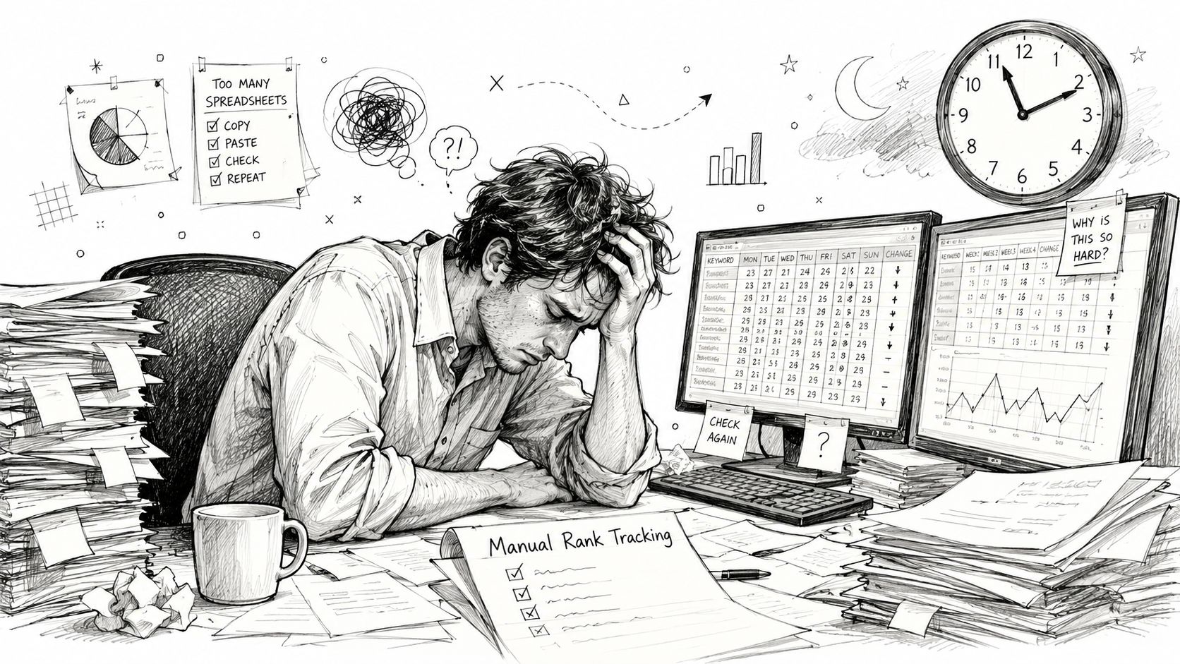 A stressed man overwhelmed by manual keyword rank tracking, sitting at a desk filled with spreadsheets and papers.