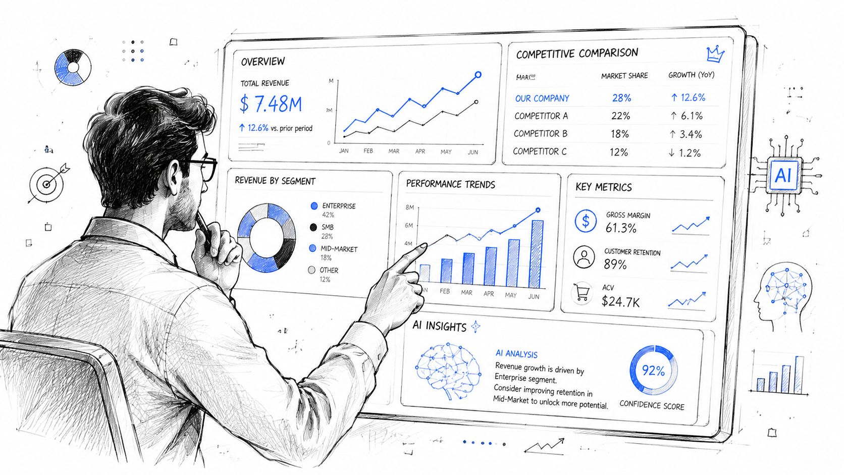 A professional analyzing AI-powered business analytics dashboard with revenue charts and competitive data visualizations.