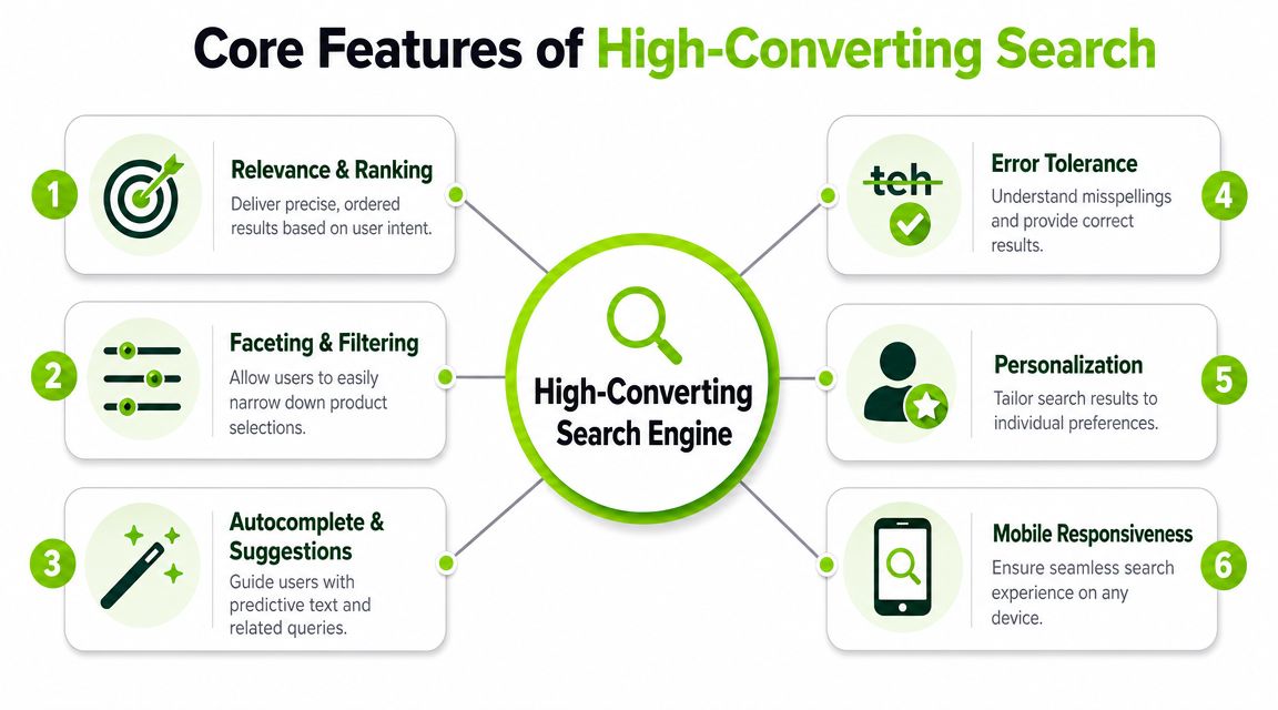 A diagram outlining six core features of a high-converting ecommerce site search engine for online stores.