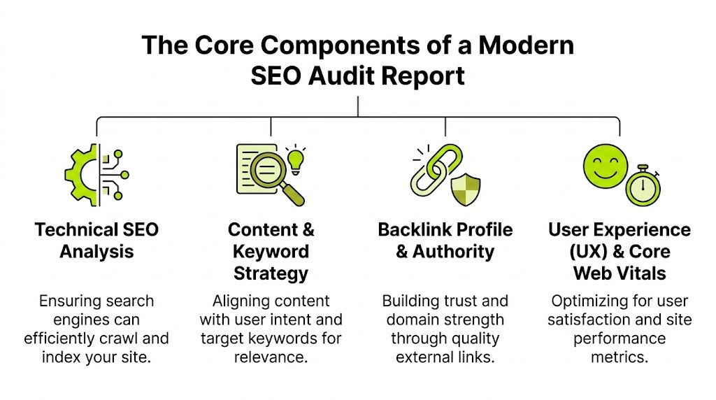 A diagram illustrating the four core components of a modern SEO audit report: technical, content, backlink, and UX.