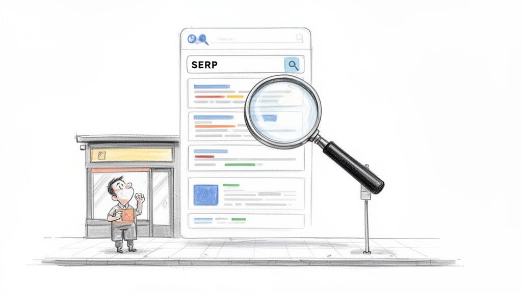 A person observes a local business while a magnifying glass analyzes a search engine results page (SERP).