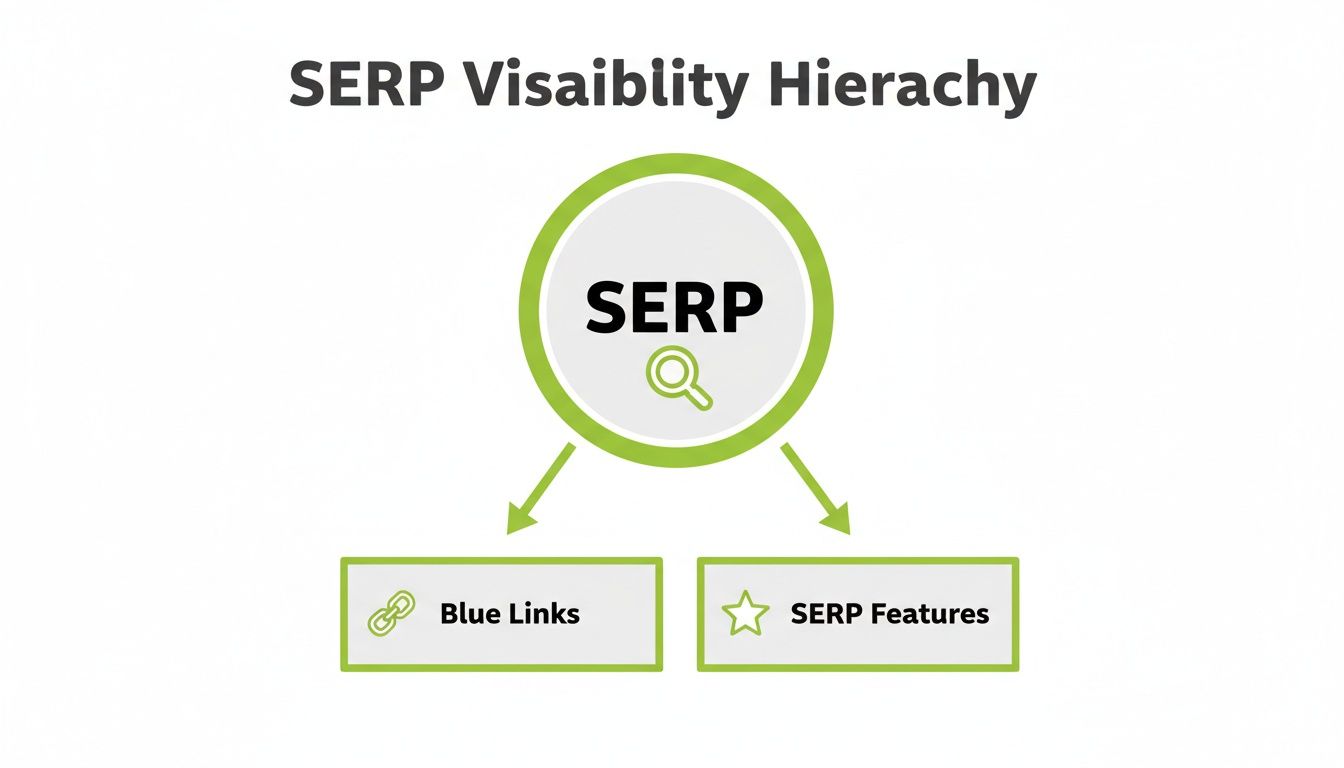 SERP visibility hierarchy diagram showing search engine results page leading to blue links and SERP features.