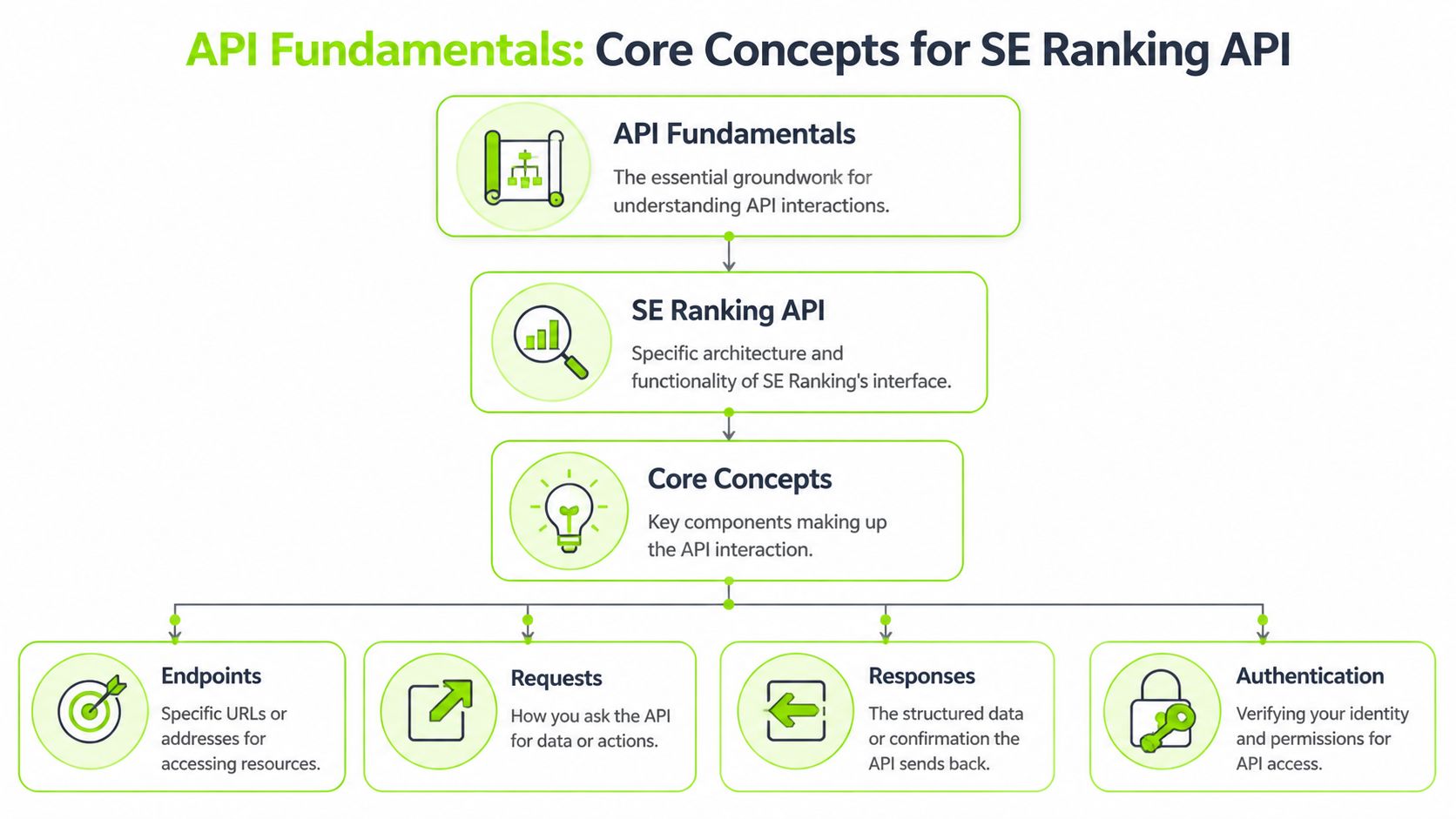 A diagram illustrating the core concepts and hierarchy of the SE Ranking API for developers.
