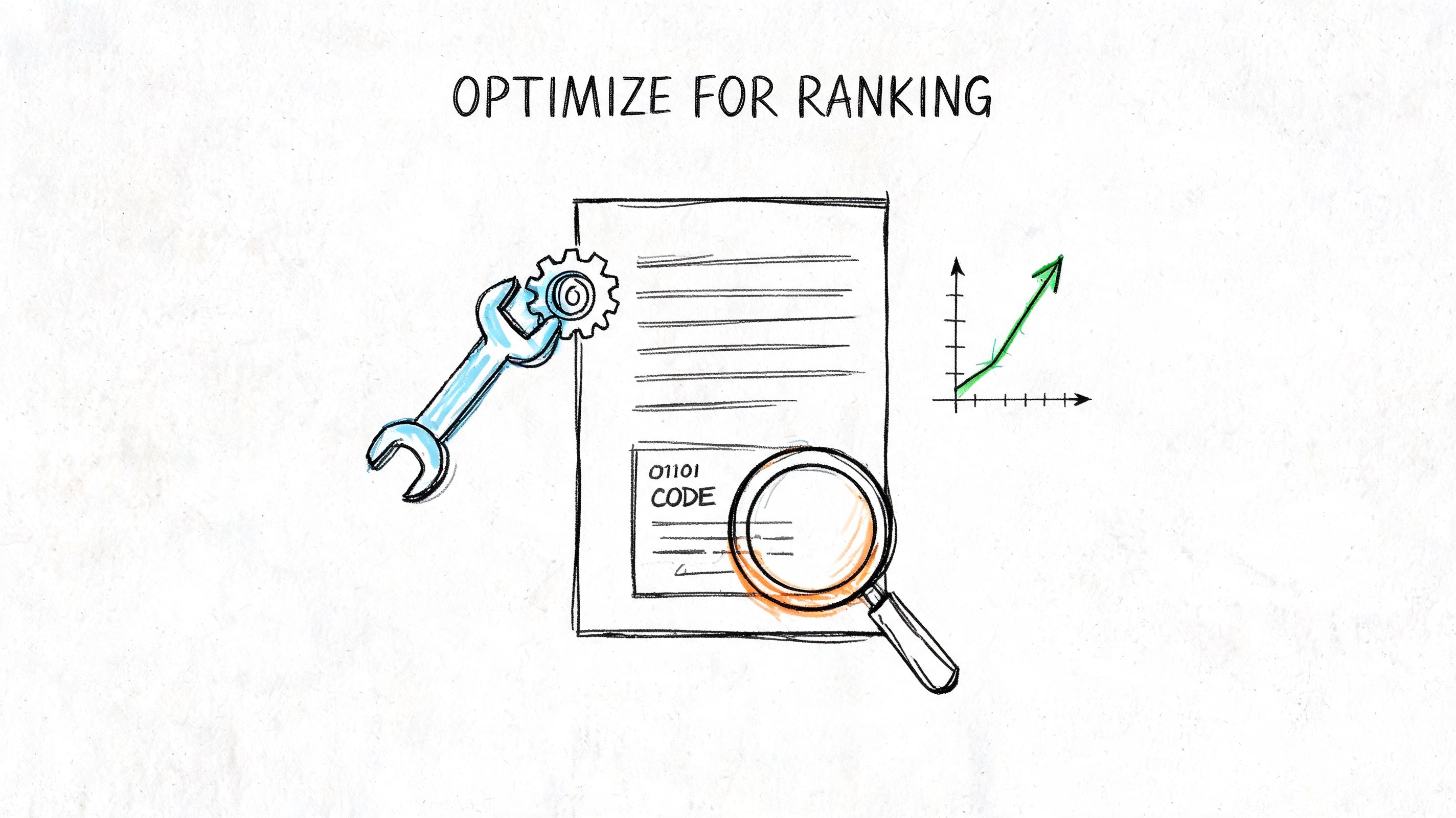 A hand-drawn illustration showing a document, a wrench with a gear, and a magnifying glass for SEO.