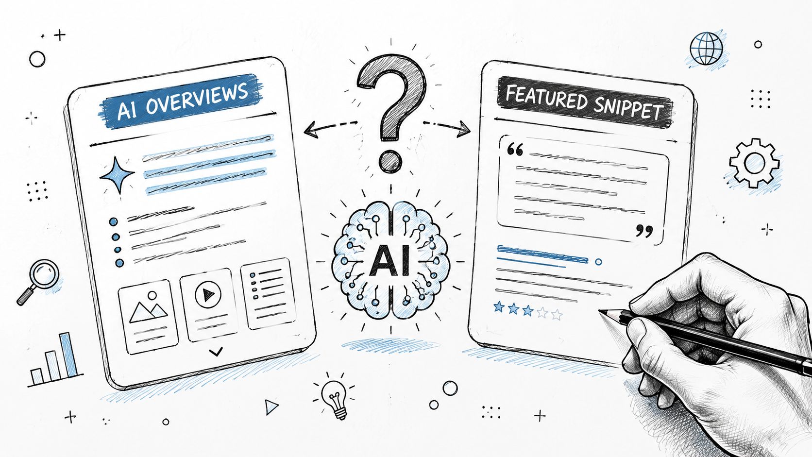 A hand-drawn illustration comparing Google AI Overviews and Featured Snippets, highlighting differences in search result formats.