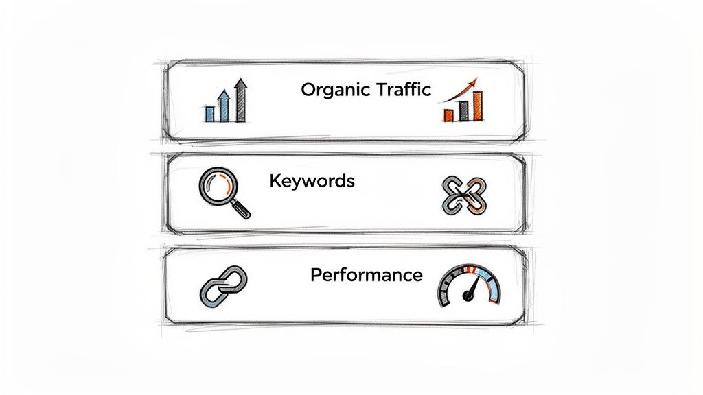 Three rectangular labels illustrating SEO concepts: Organic Traffic, Keywords, and Performance, each with relevant icons.