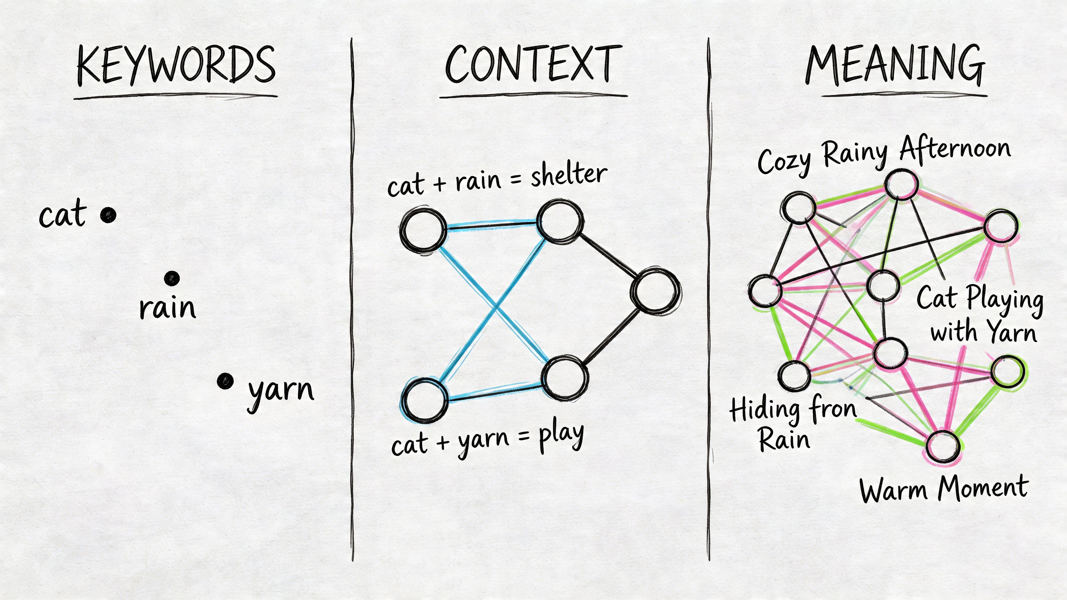 Conceptual diagram showing how keywords, context, and meaning connect in latent semantic indexing.