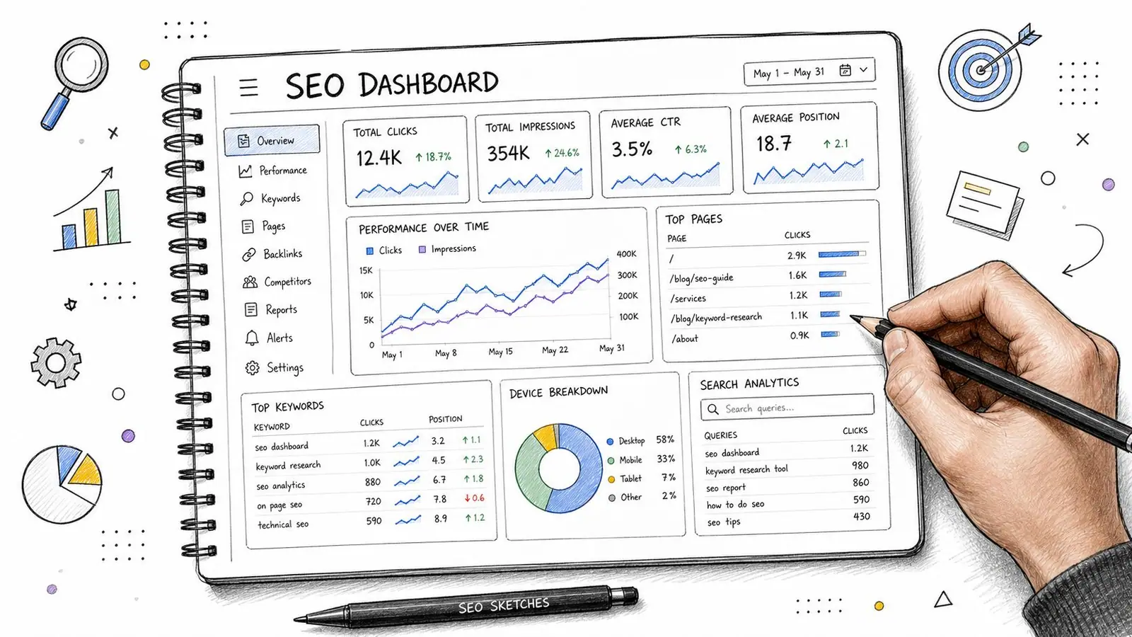 A hand drawing a digital SEO dashboard with various performance metrics and analytics on a notepad.