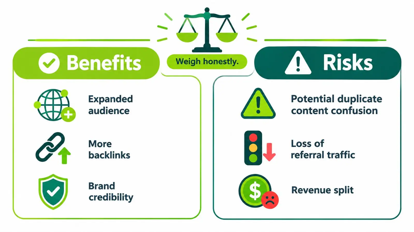 An infographic comparing the pros and cons of content syndication, displaying benefits on the left and risks on the right.