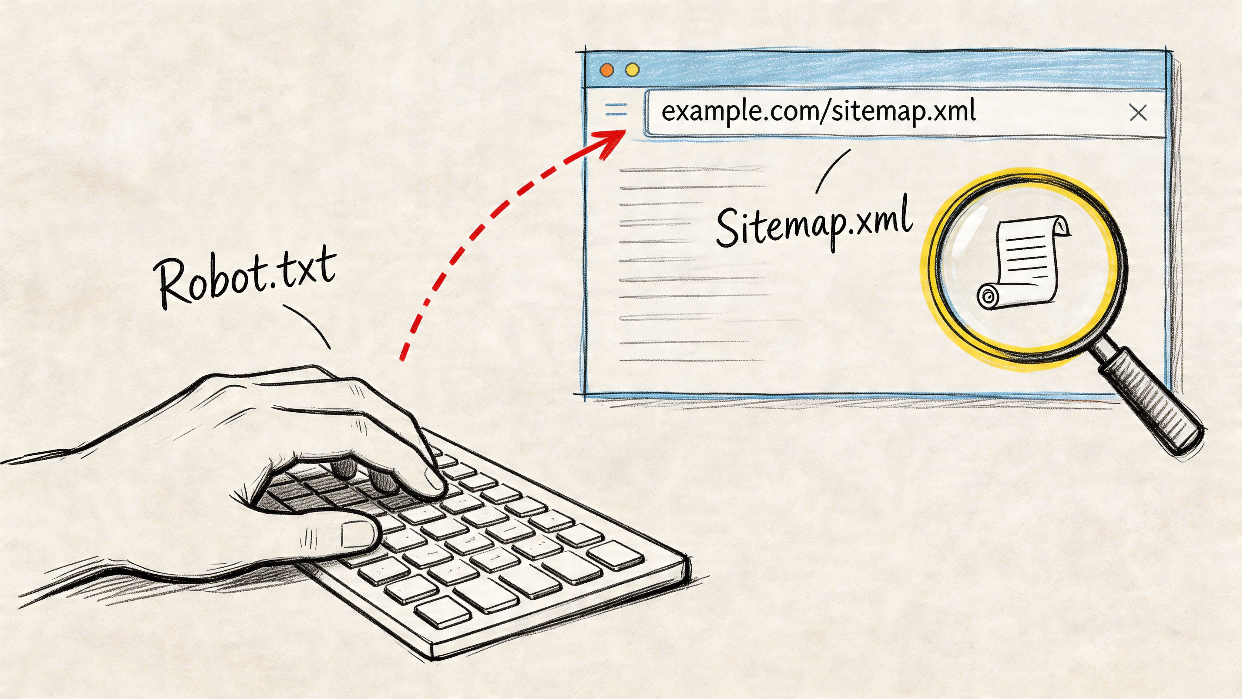 A hand typing on a keyboard pointing toward a web browser showing a website sitemap file.
