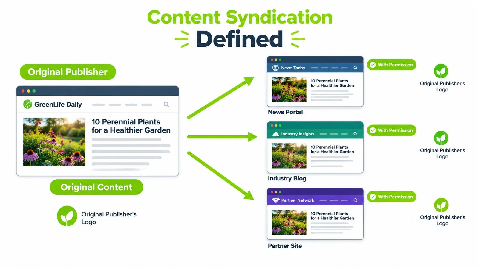 A diagram illustrating how content syndication works by distributing original articles to external news and partner platforms.