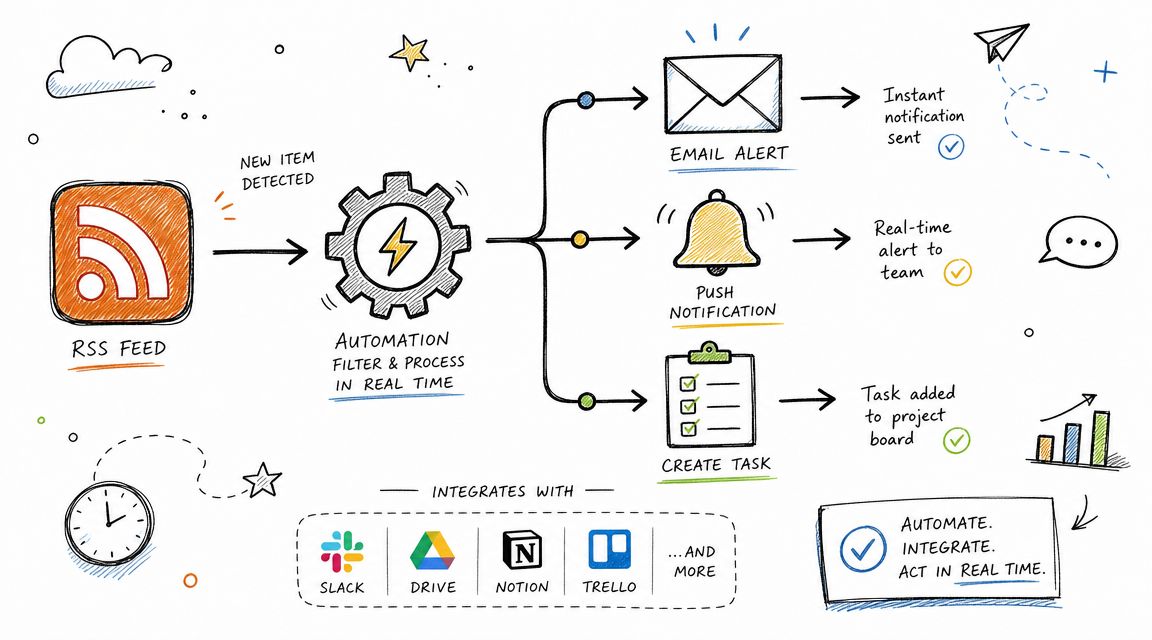 A diagram illustrating an automated workflow that processes RSS feed updates into notifications and task management actions.