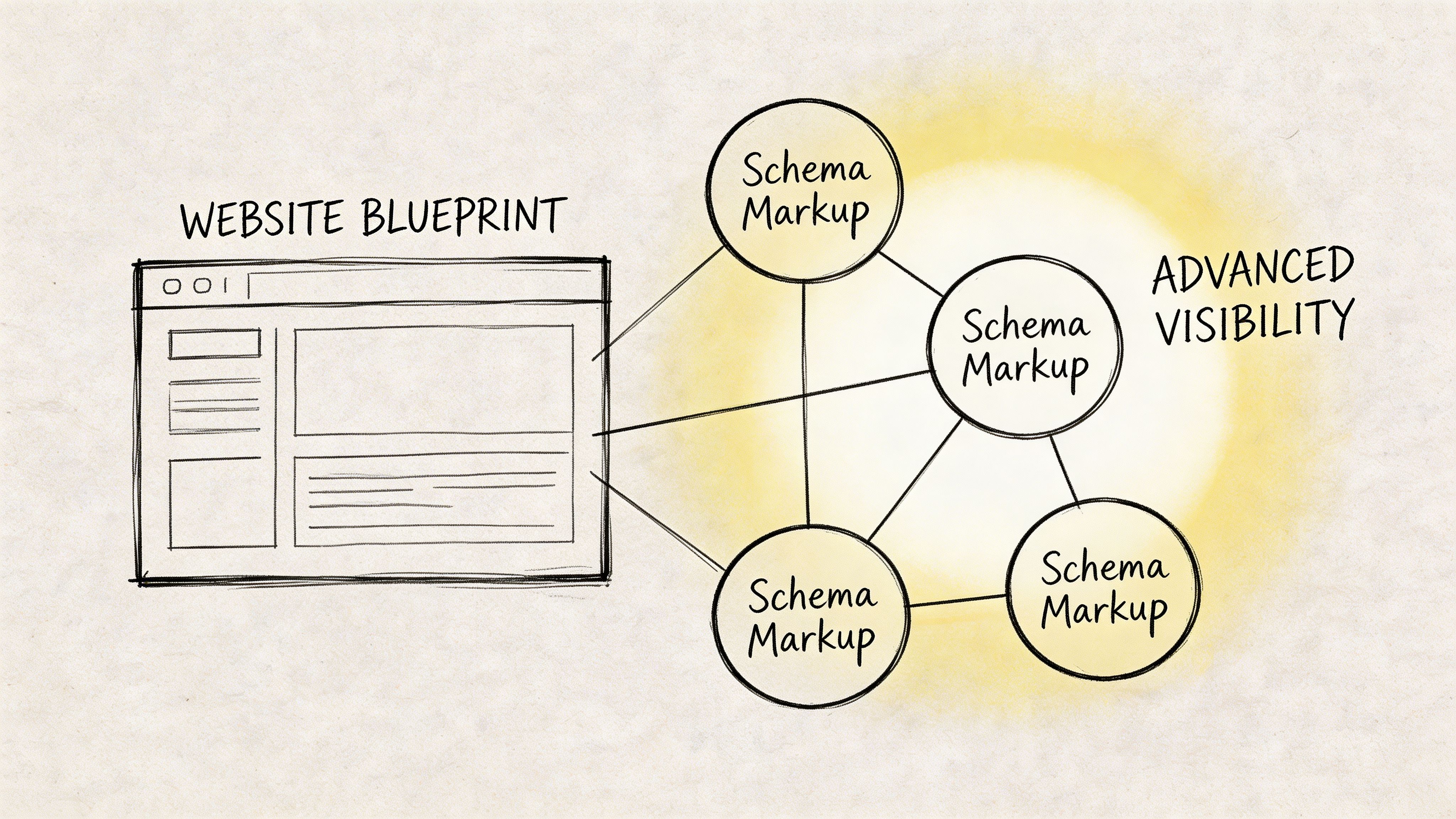 A hand-drawn illustration showing a website blueprint connected to four schema markup nodes for advanced search visibility.