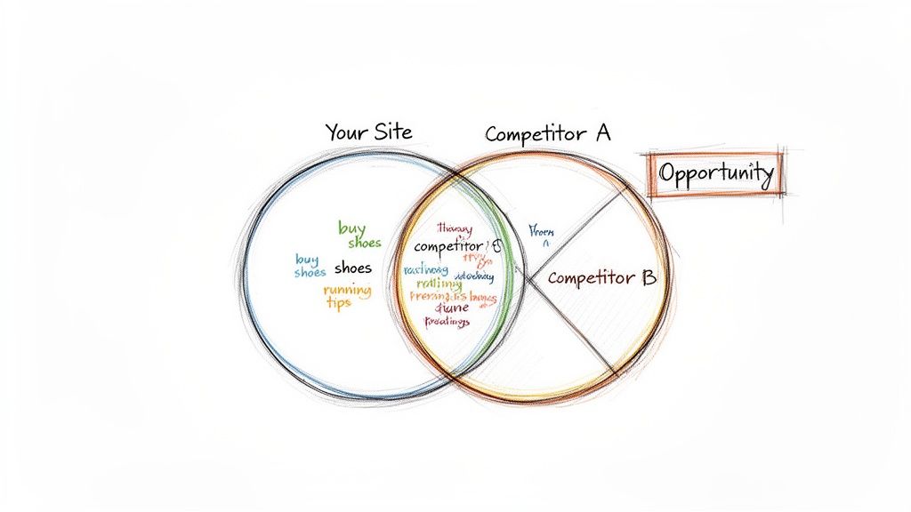 A Venn diagram illustrating website content, competitor overlaps, and identifying an opportunity for growth.