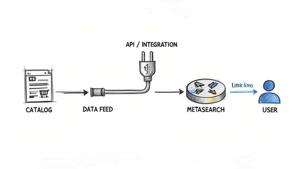 Diagram showing e-commerce data flow from catalog through API integration to metasearch for a user.