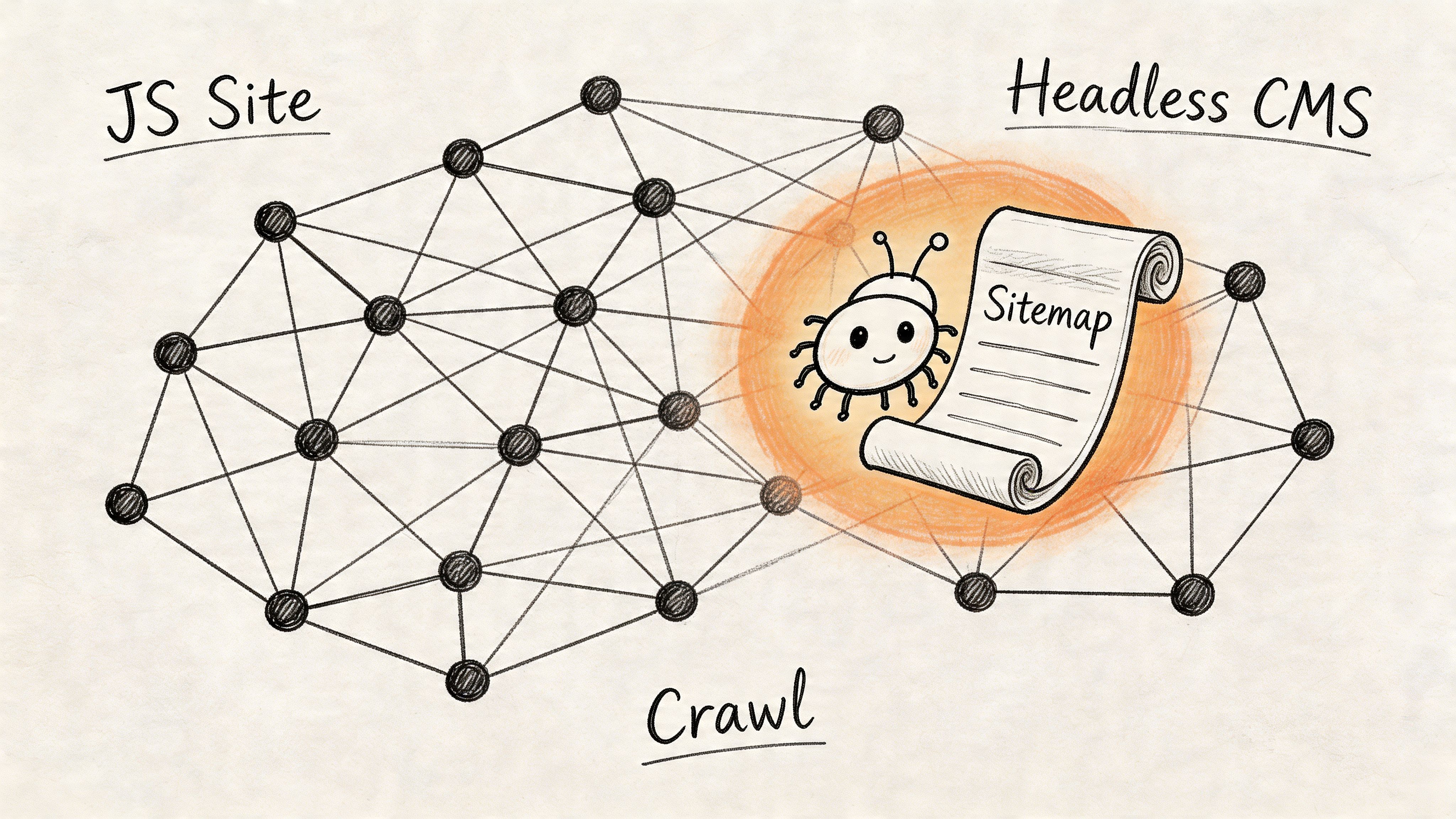 A hand-drawn illustration showing a JavaScript site network connected to a headless CMS via a sitemap crawler.
