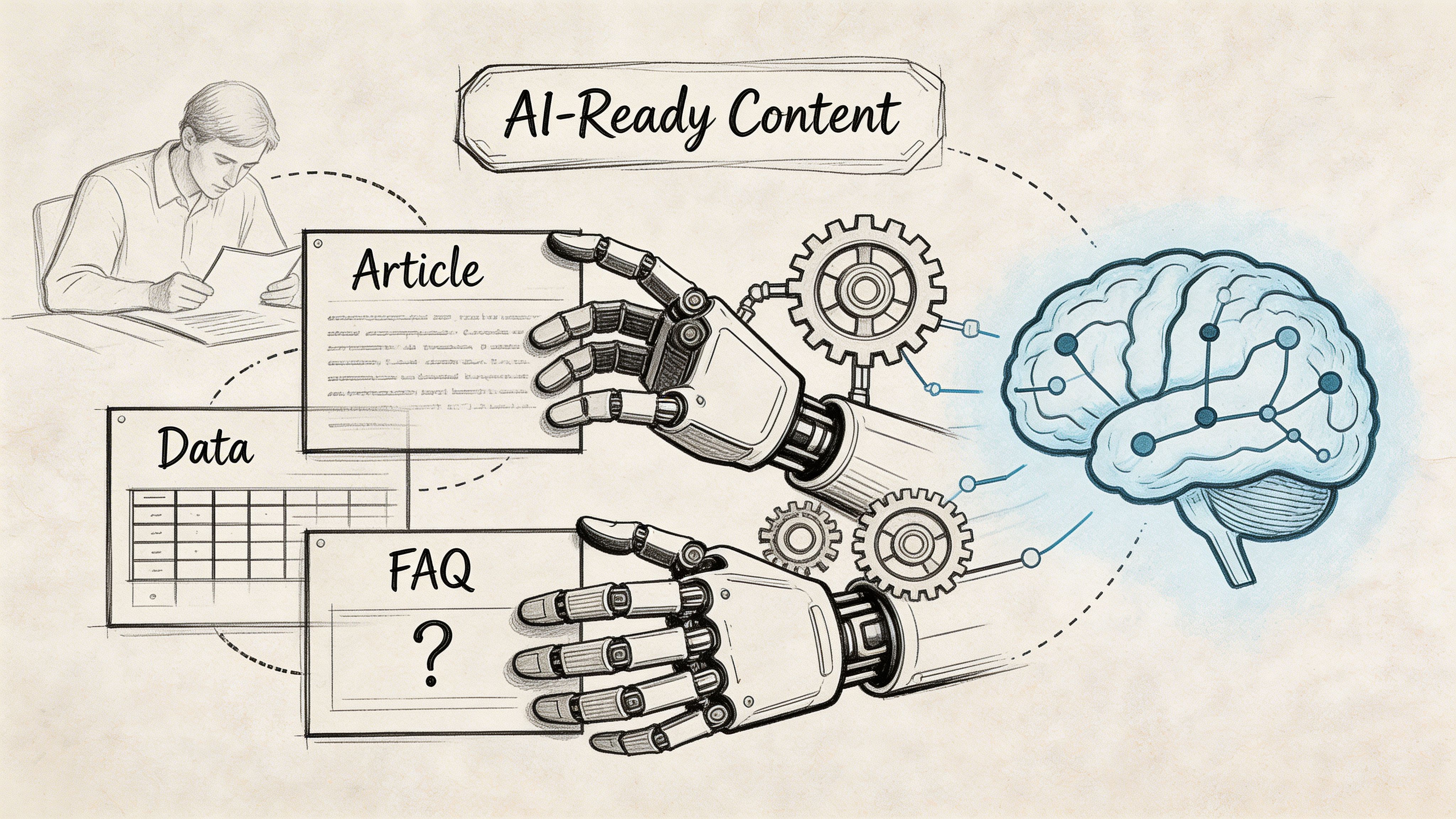 A pencil sketch illustrating a human providing structured data to a robotic hand feeding an AI brain.