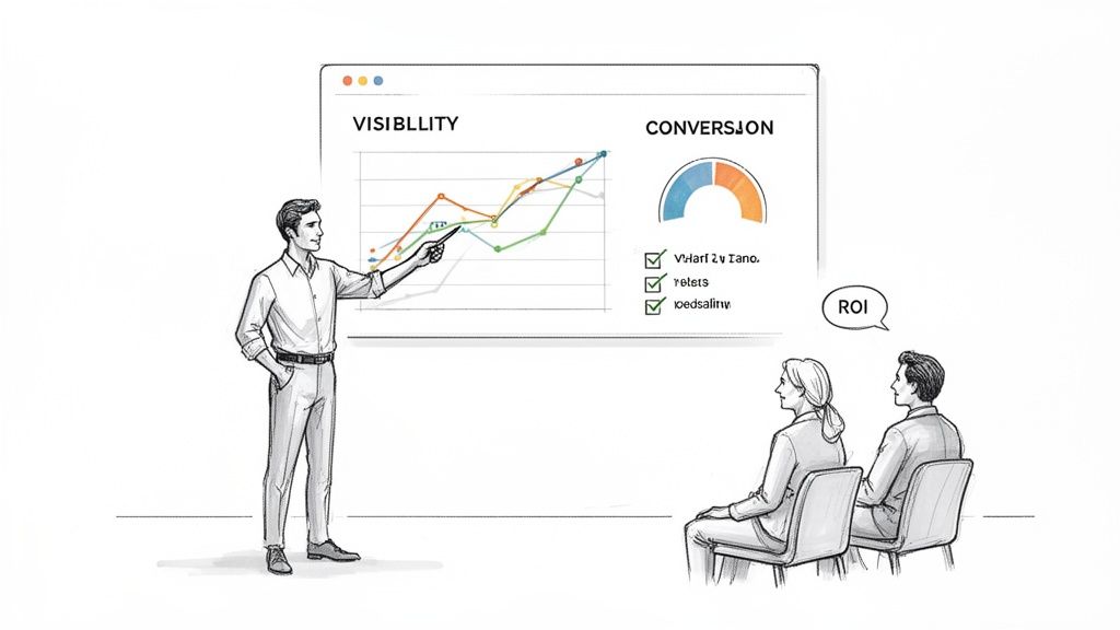 An illustration of a man presenting data charts on a screen to two seated individuals, discussing visibility and conversion.