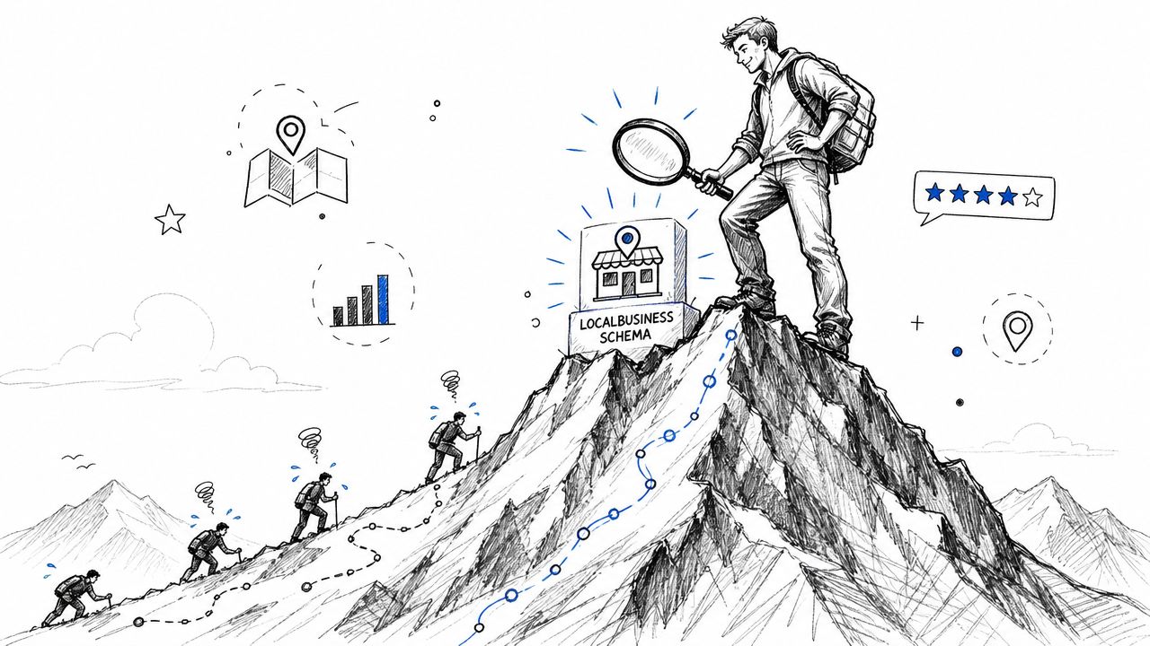A hiker standing on a mountain peak examining a block labeled Local Business Schema with a magnifying glass.