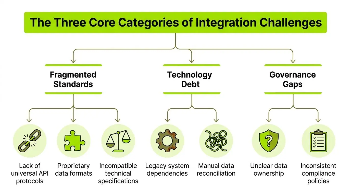 A diagram illustrating the three core categories of integration challenges: Fragmented Standards, Technology Debt, and Governance Gaps.