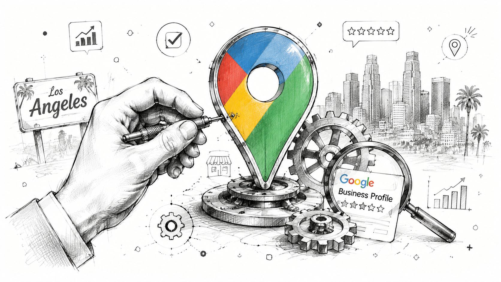 A hand drawing a digital map pin over a sketch of the Los Angeles city skyline