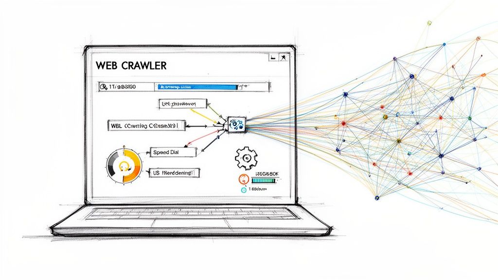 A sketch of a laptop displaying a 'WEB CRAWLER' interface connected to a complex network graph, symbolizing internet exploration.