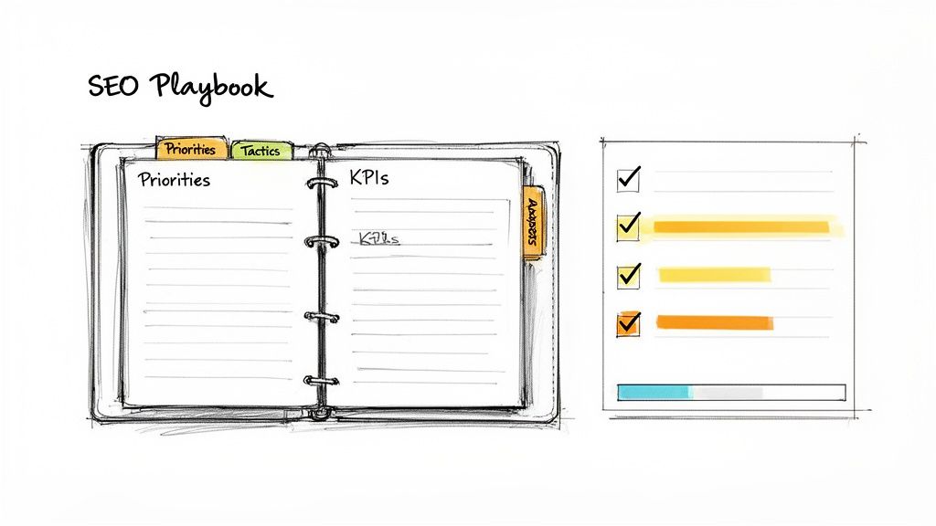 A hand-drawn SEO Playbook binder showing priorities, KPIs, and a checklist with progress bars.