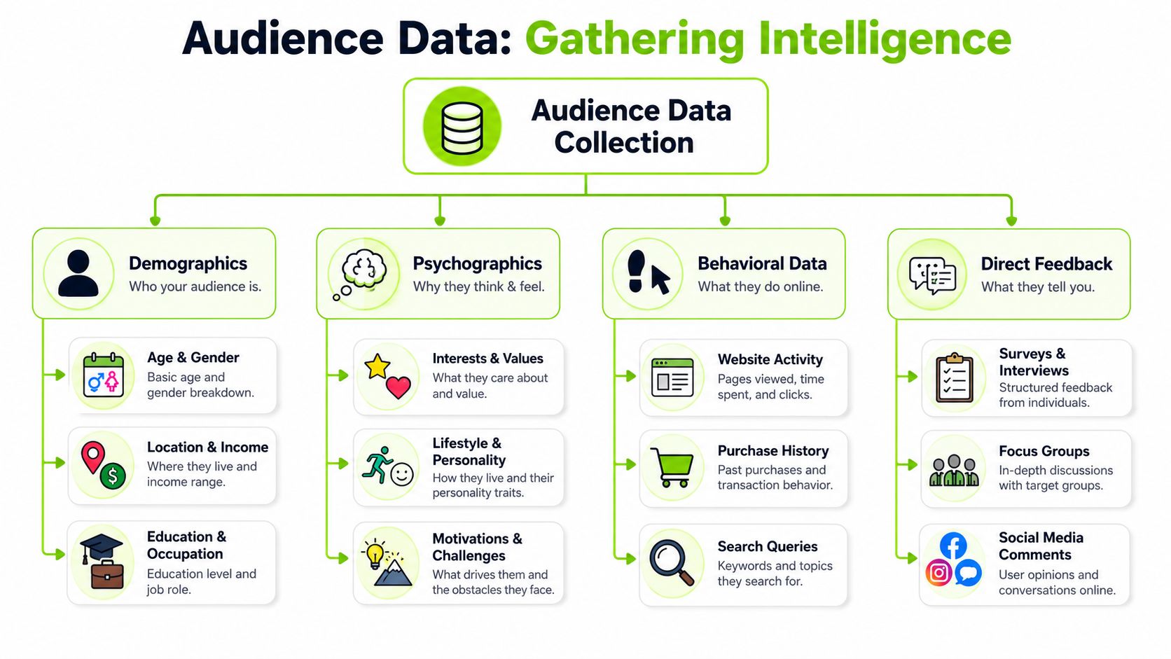 A diagram outlining the four categories of audience data collection including demographics, psychographics, behavioral data, and direct feedback.