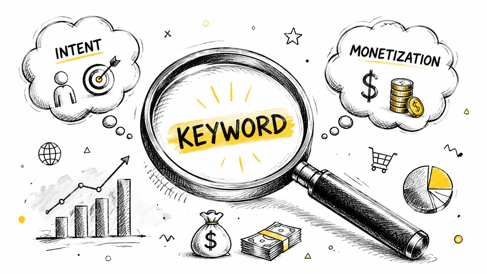A hand-drawn illustration depicting keyword research with a magnifying glass, intent, monetization, and financial icons.