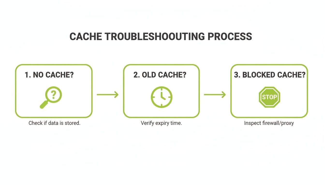 Flowchart showing a three-step cache troubleshooting process: checking for no cache, old cache, or blocked cache.