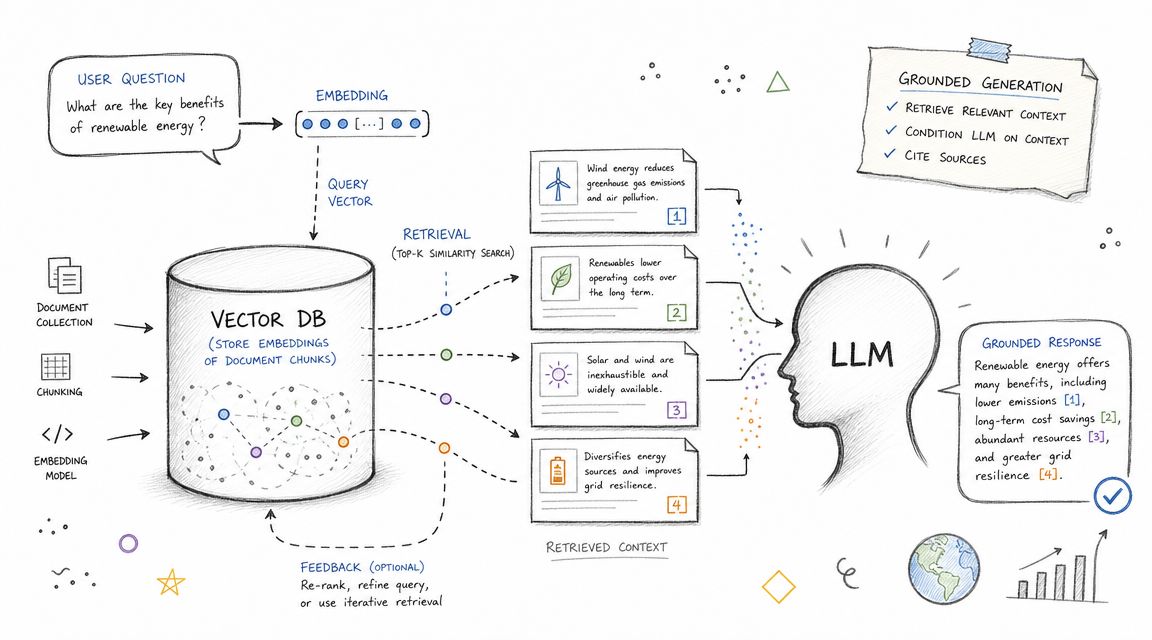A diagram explaining Retrieval-Augmented Generation showing how a user query fetches relevant data to generate grounded responses.