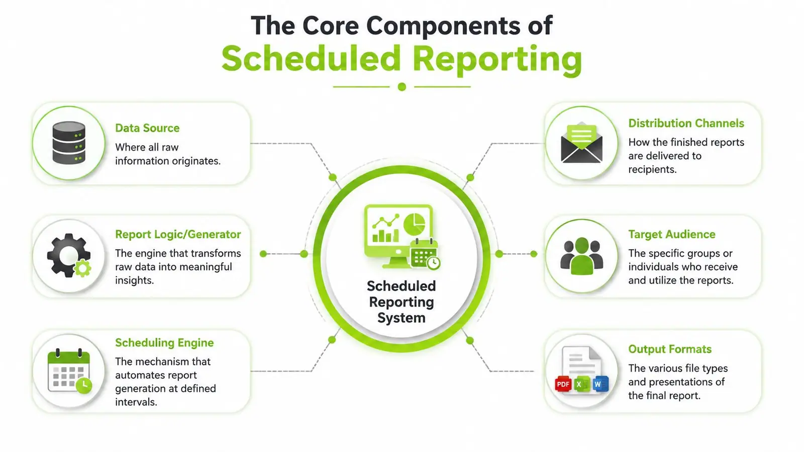 An infographic showing the core components of a scheduled reporting system, including data sources, logic, and delivery.