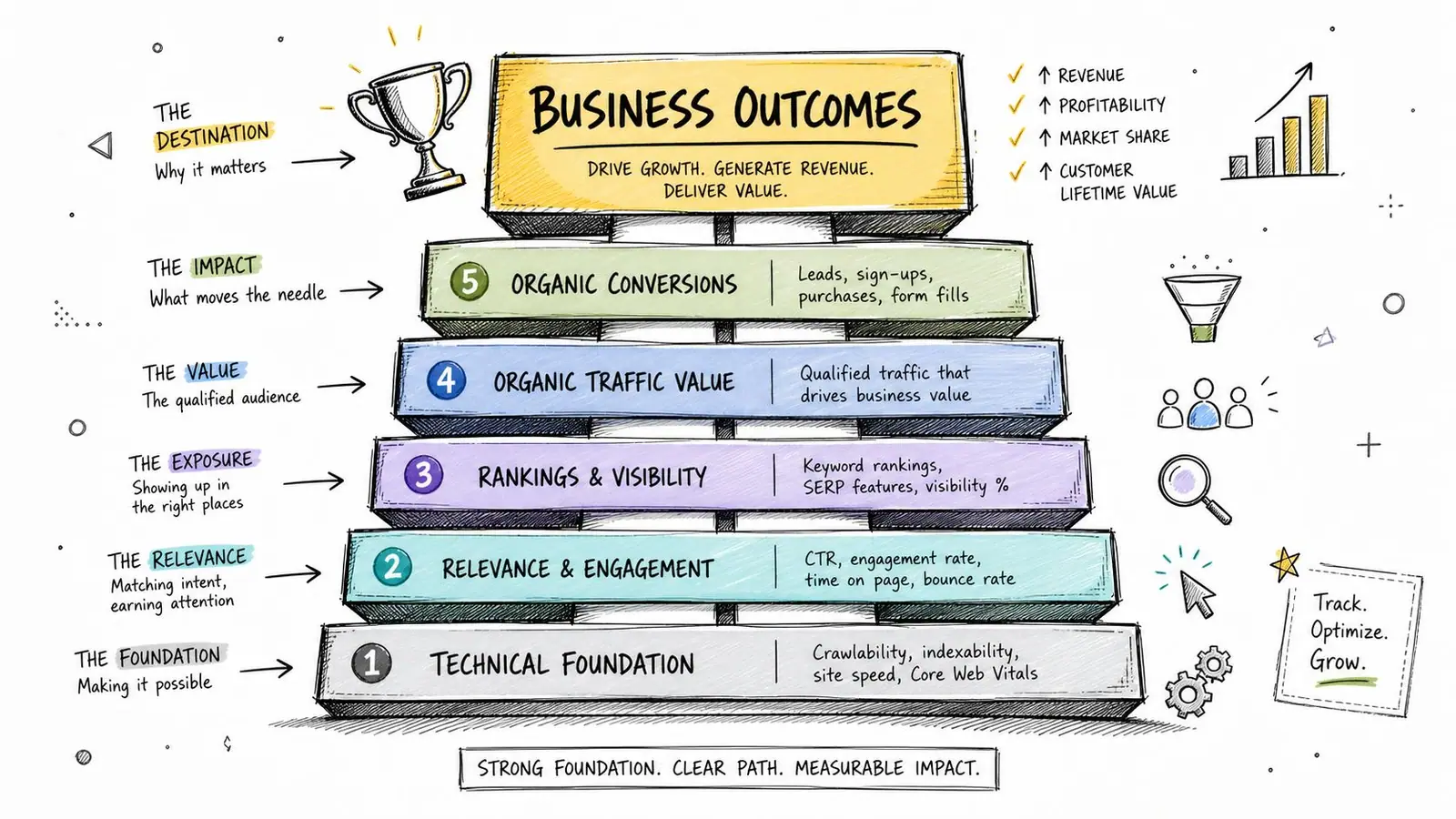 A hierarchical pyramid chart outlining the step-by-step framework for achieving SEO business success and measurable growth.