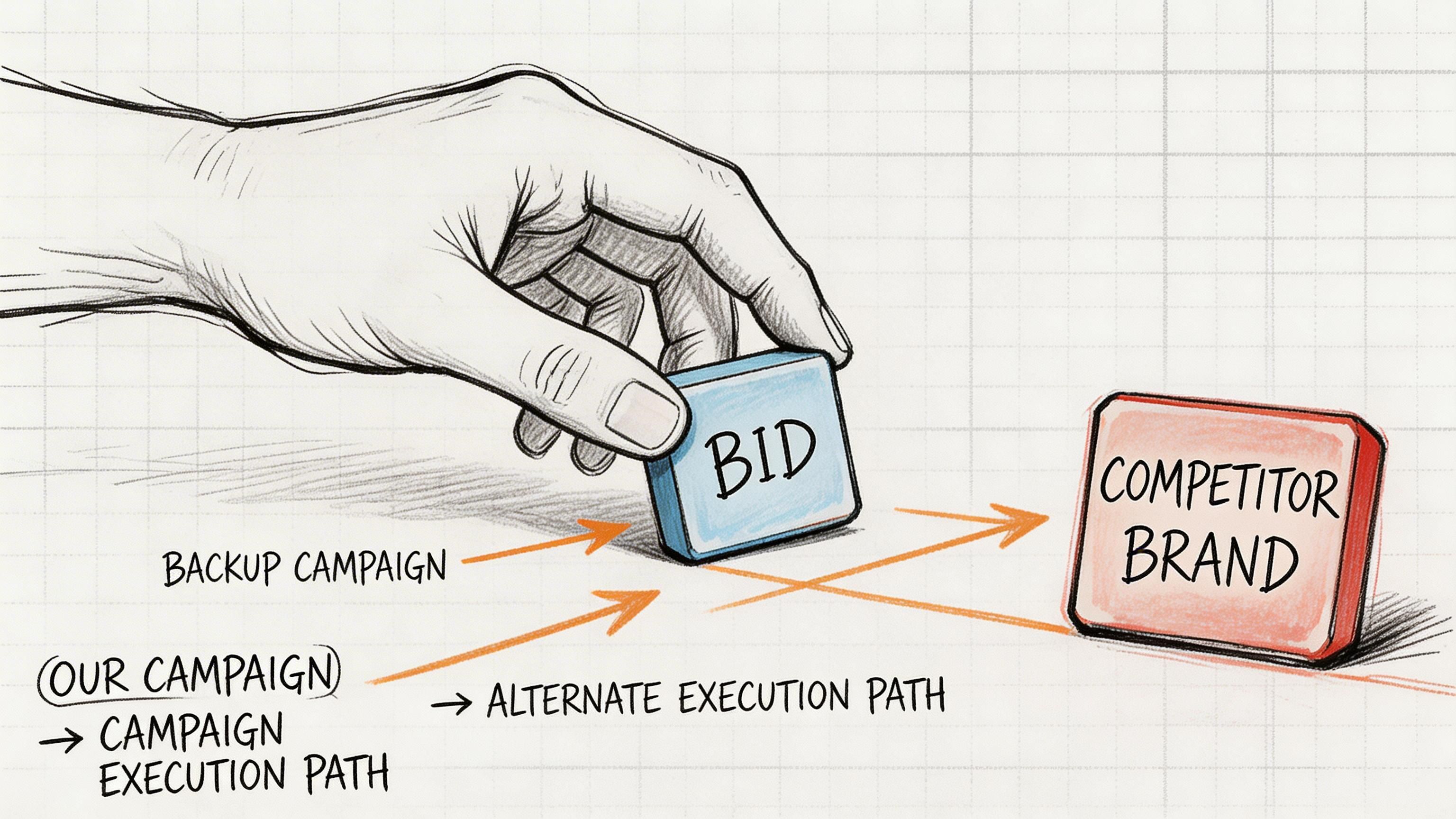 A hand placing a blue BID block toward a red COMPETITOR BRAND block on a grid background.