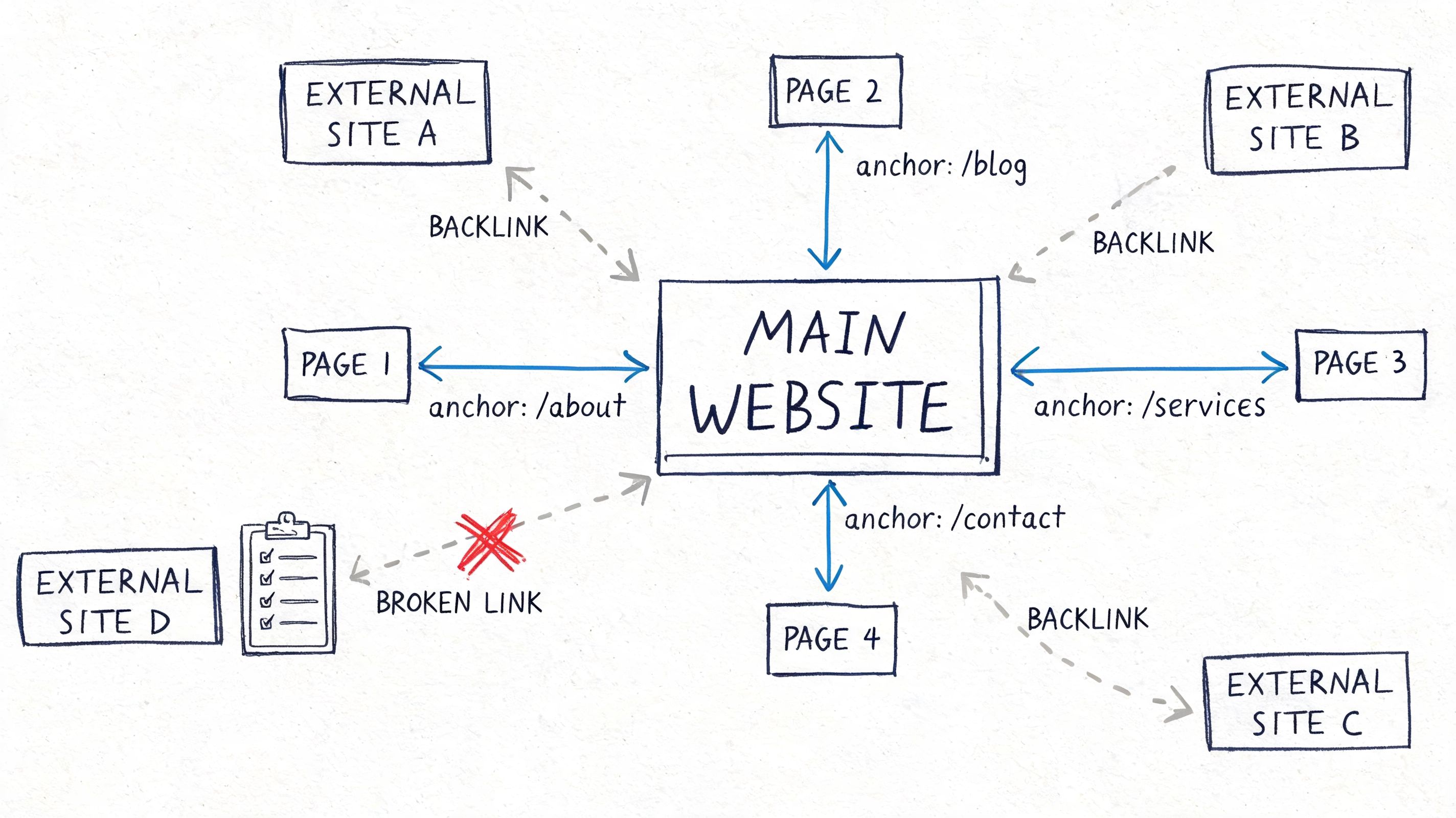 A diagram illustrating SEO concepts showing internal links to website pages and backlinks from external sites.