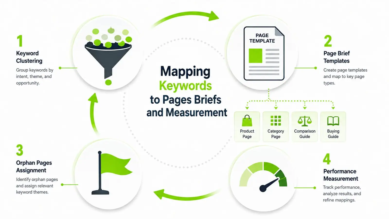 A circular infographic illustrating a four-step process for mapping keywords to content templates and performance measurement.
