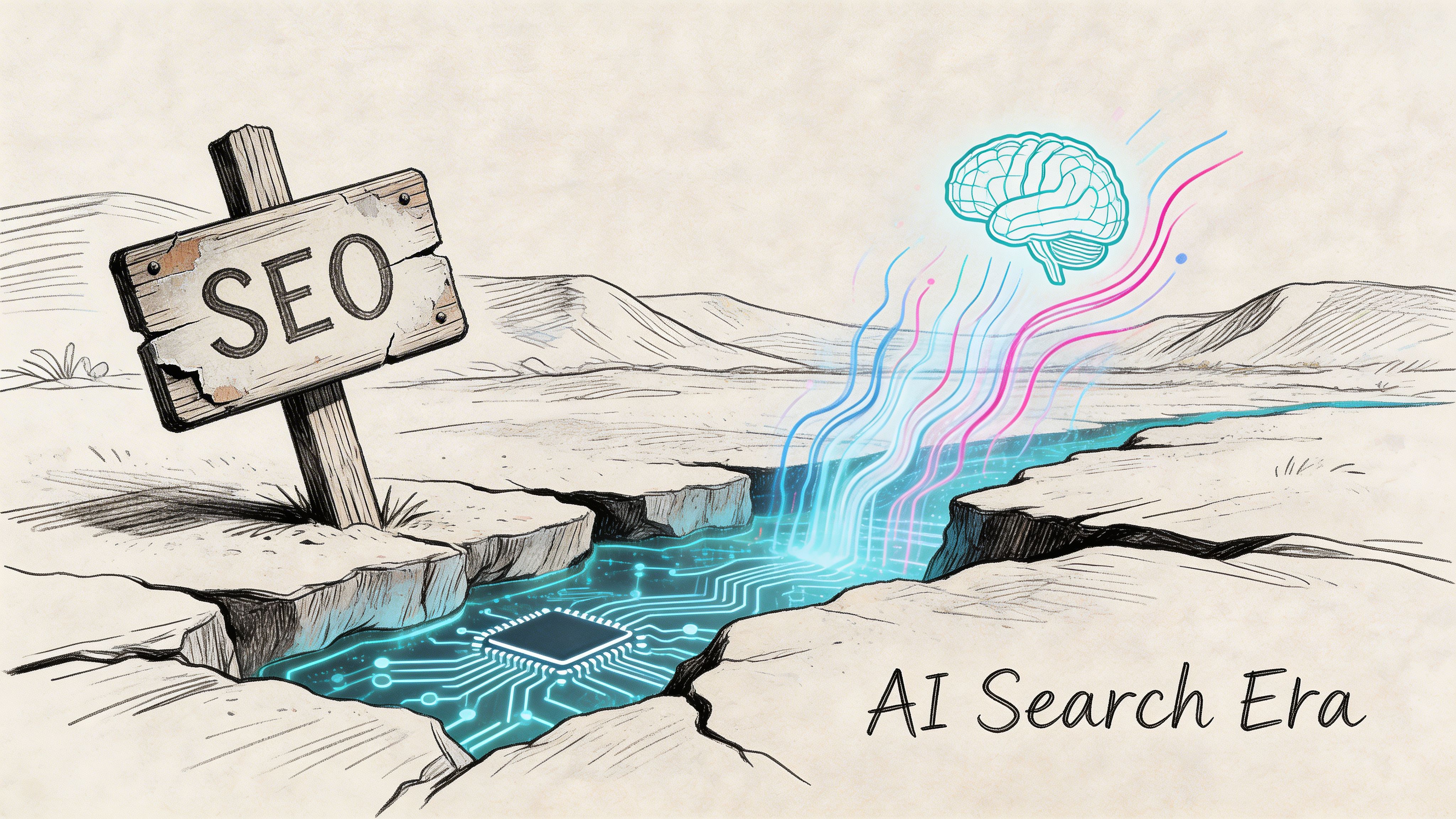 A conceptual illustration showing a wooden sign labeled SEO near a digital brain bridging a wide chasm.