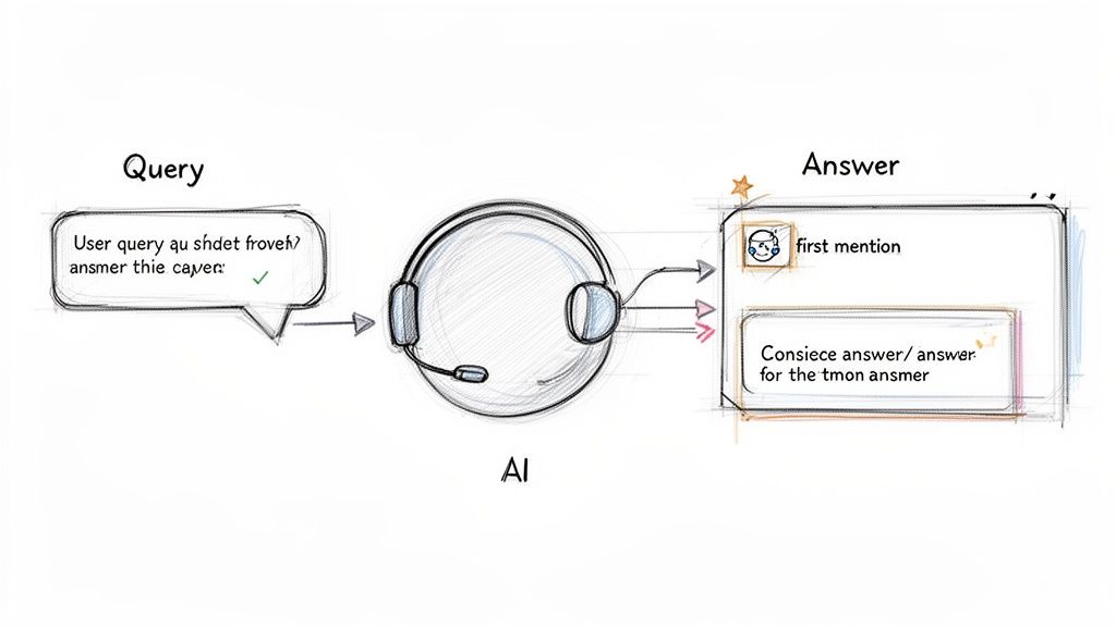 A diagram illustrates an AI processing a user query and providing a concise answer.