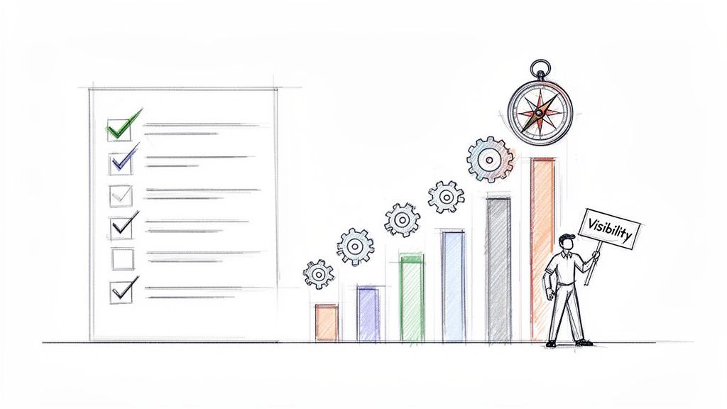 Sketch of project management progress with a checklist, rising bar graph, gears, a compass, and a person holding a 'Visibility' sign.