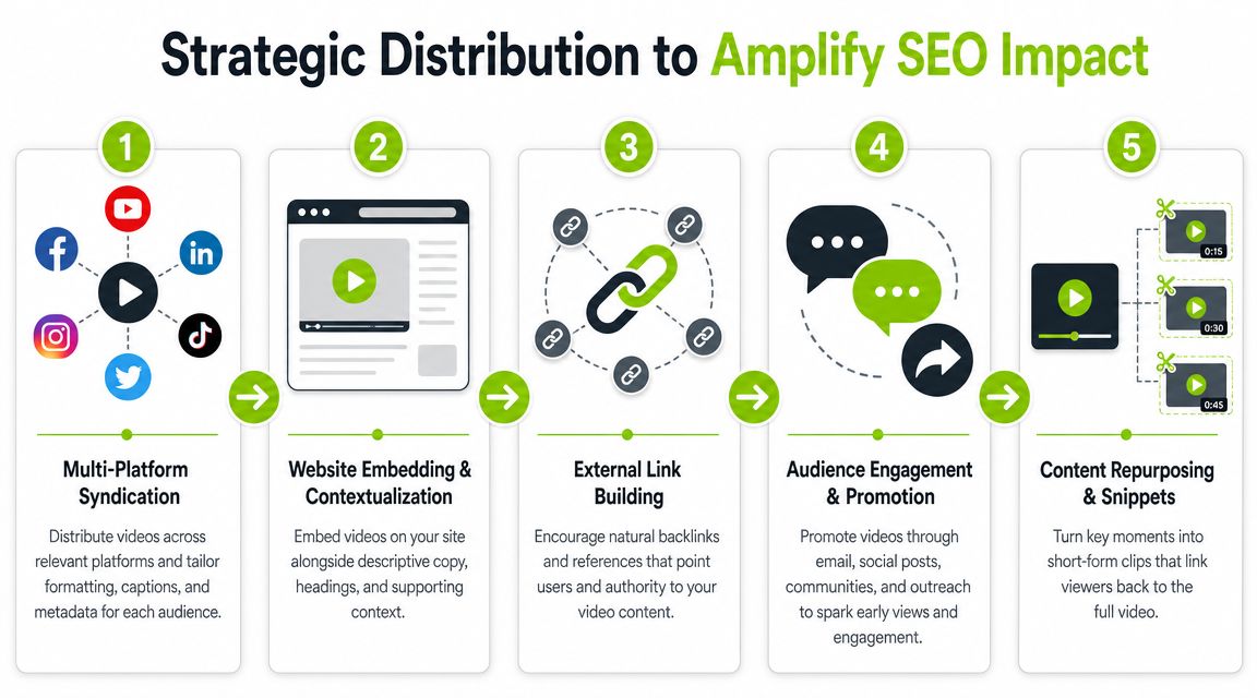 An infographic illustrating five strategic steps for using video distribution to amplify overall search engine optimization impact.