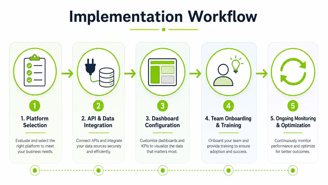 A five-step infographic showing the implementation workflow for an automated business data platform.