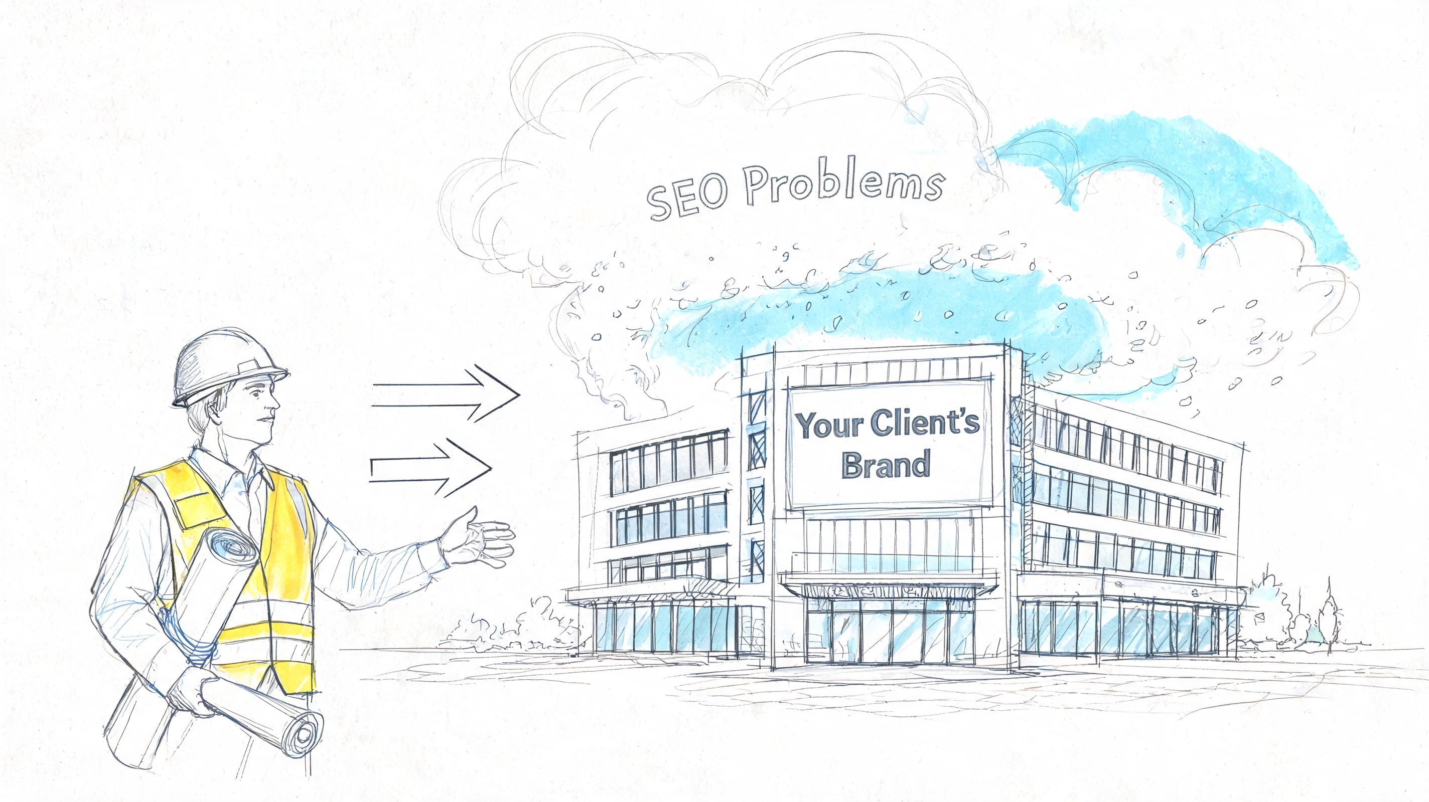 An illustration of an engineer analyzing a building representing a client's brand affected by SEO problems.