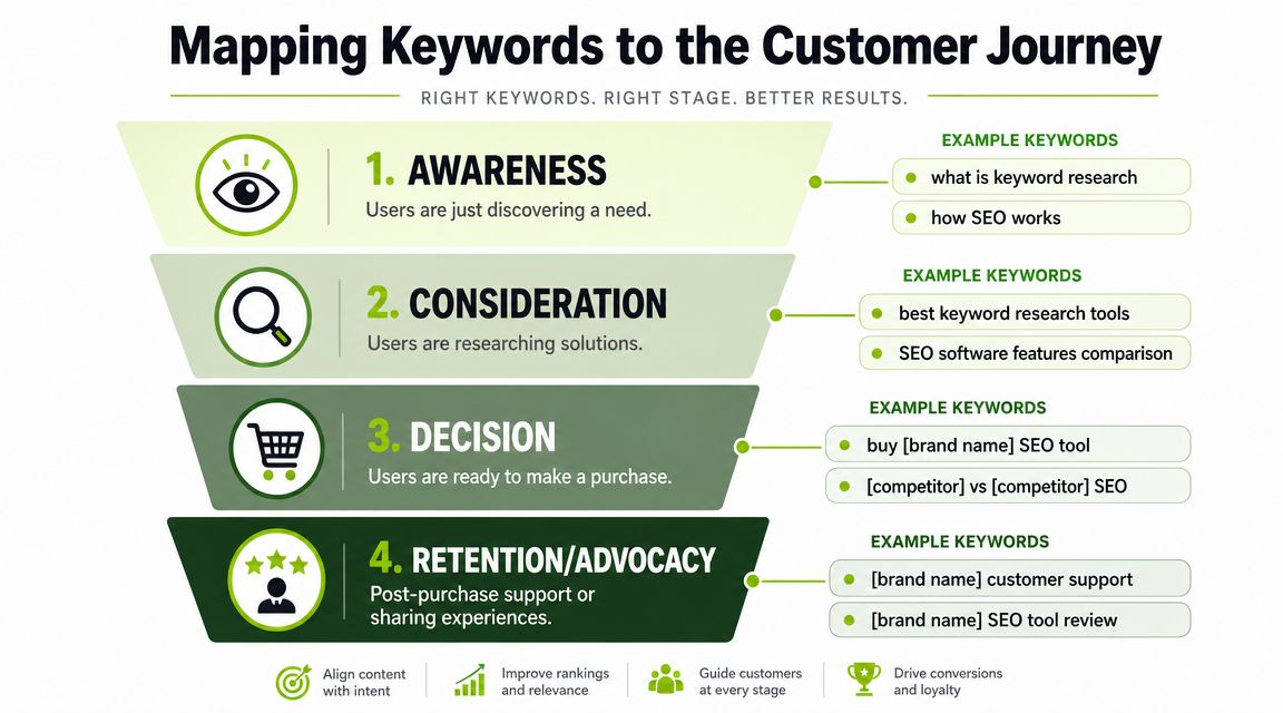 A funnel infographic illustrating how to map relevant keywords to each stage of the customer journey.